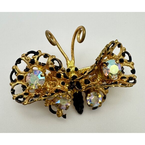 Made in Austria gold tone black spotted AB rhinestones butterfly brooch pin - Picture 1 of 8